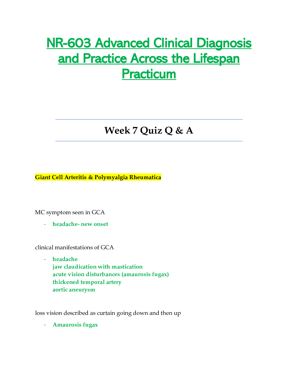 Preview of NR603 / NR-603 Week 7 Quiz Q & A (Latest): Advanced Clinical Diagnosis and Practice Across